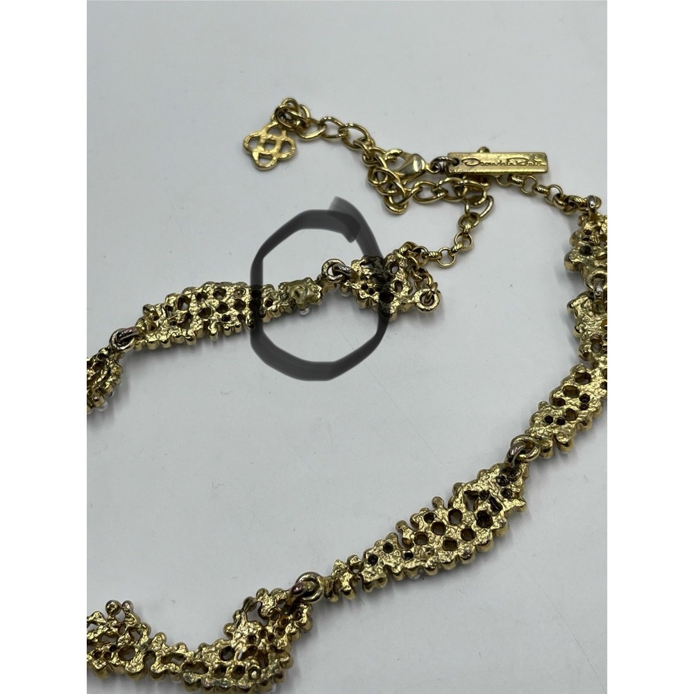 Oscar de la Renta Crystal Torn Paper Pearl Glamour Antique Gold Tone Necklace - Picture 5 of 12